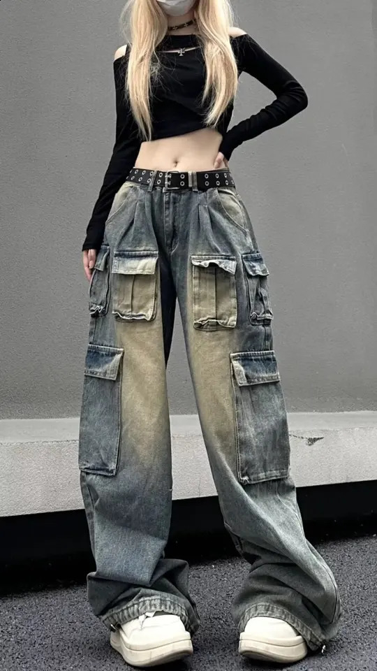 Womens Black Gothic Jeans Harajuku Y2k 90s Fashion Luggage Cowboy Trouser Korean Retro 2000s Punk Wide Leg Pants Clothing 240806