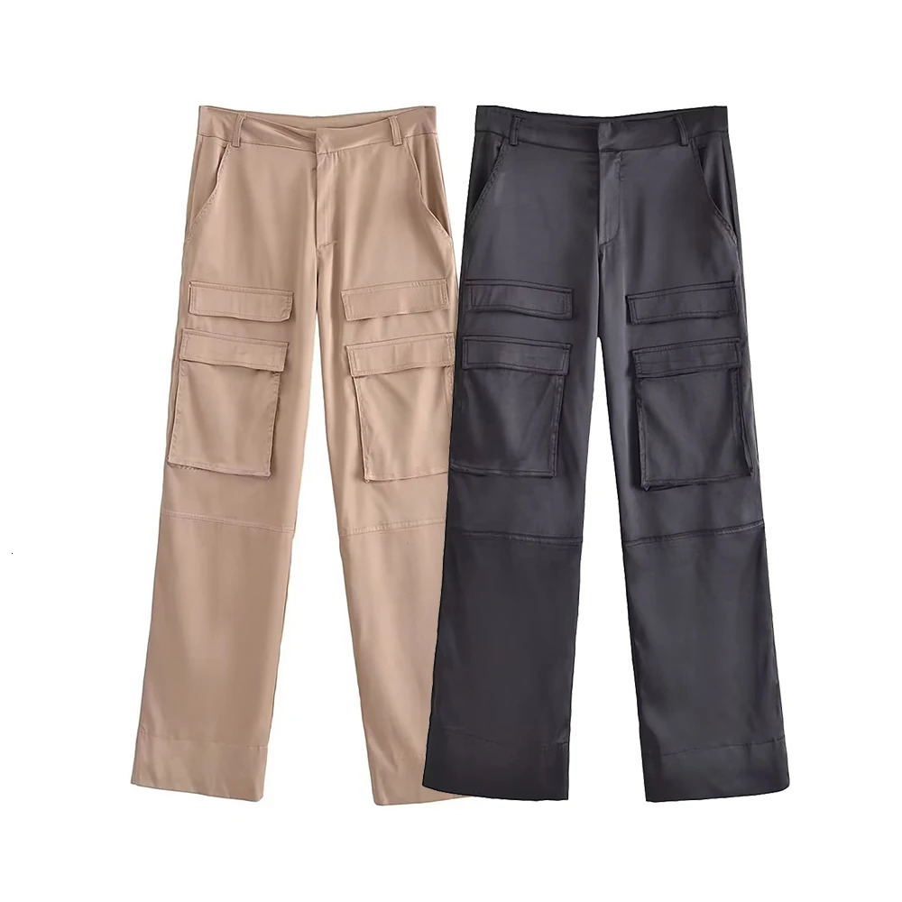Aoaiiys Pantalons de cargaison Fomes Mode avec des poches Pantalons de cargaison en satin Vintage High Taist Fly Feme Female Pantalon Mujer Panta