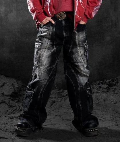 2024 Y2k Mens Jeans Gothic Punk Retro Luggage Jeans Black Rock Tear Multi Pocket Cargo Pants Low Waist Casual Streetwear240806