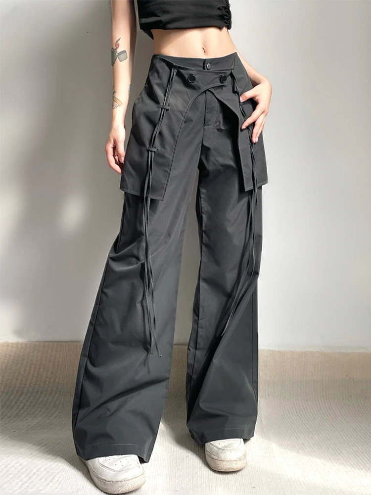 Pattepre de cargaison à ourlet ruban patchwork Low taille gris Hippie Dancer Pantalon de jambe y2k pantalon lâche coréen décontracté 240806