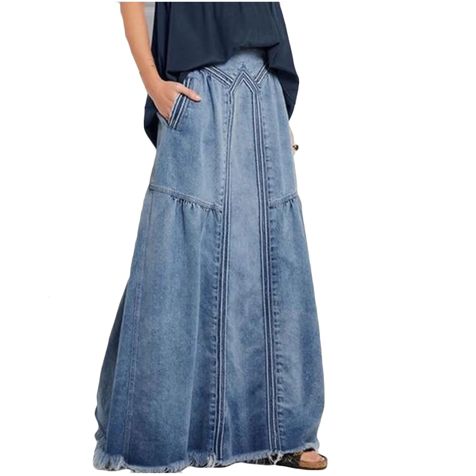 Womens Denim skirt Patchwork Casual Loose Skirts With Pockets Solid Color Retro fashion faldas cool street long skirt 240806