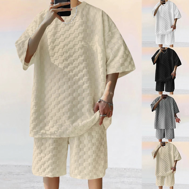 Mens strapless O-neck knitted top and shorts set classic American street heavy oversized casual set240806