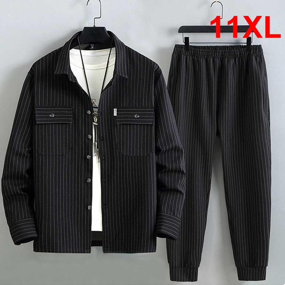 Mens striped suit plus size 10XL 11XL cargo shirt pants mens autumn and winter thick fashionable casual jacket set large 240806