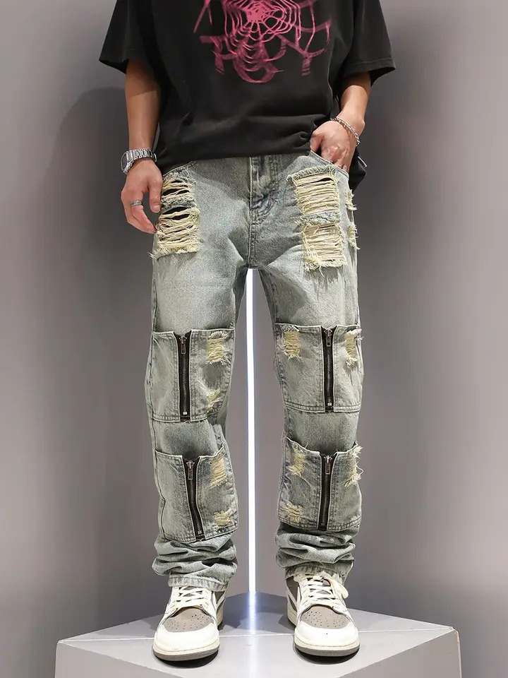 multi zipper pocket washing and perforated jeans suitable for men womens personalized straight leg retro casual pants y2k on the streets 240806