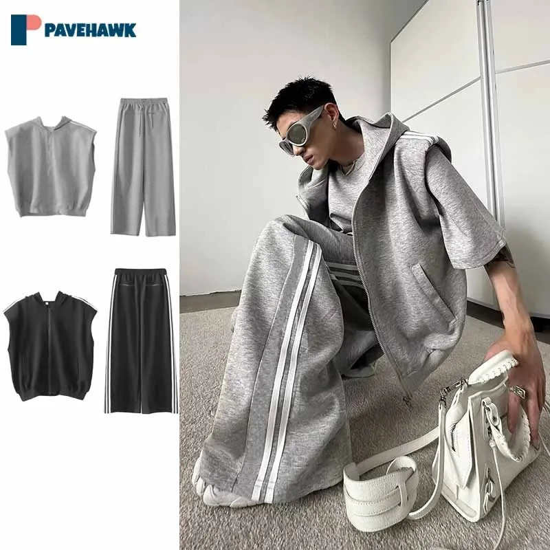 Mens casual suit summer sleeveless striped hooded vest pants twopiece set High Street Harajuku streetwear 240806