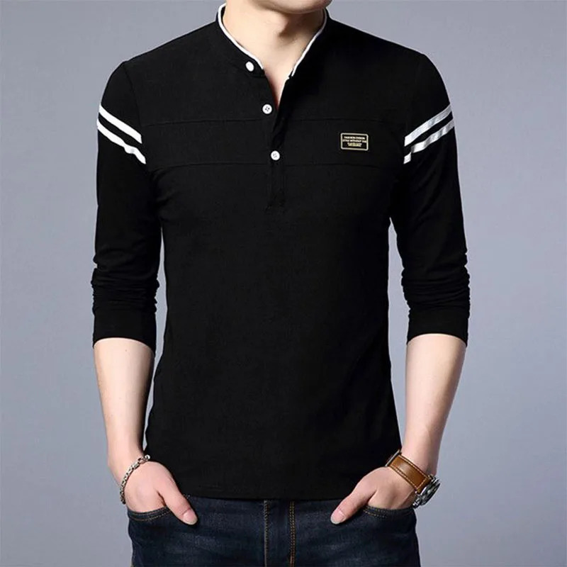 Fashion Men à manches longues Polo de base Polo printemps automne rayé Slim Tees Corée Vêtements masculins Business Casual Tops 240806