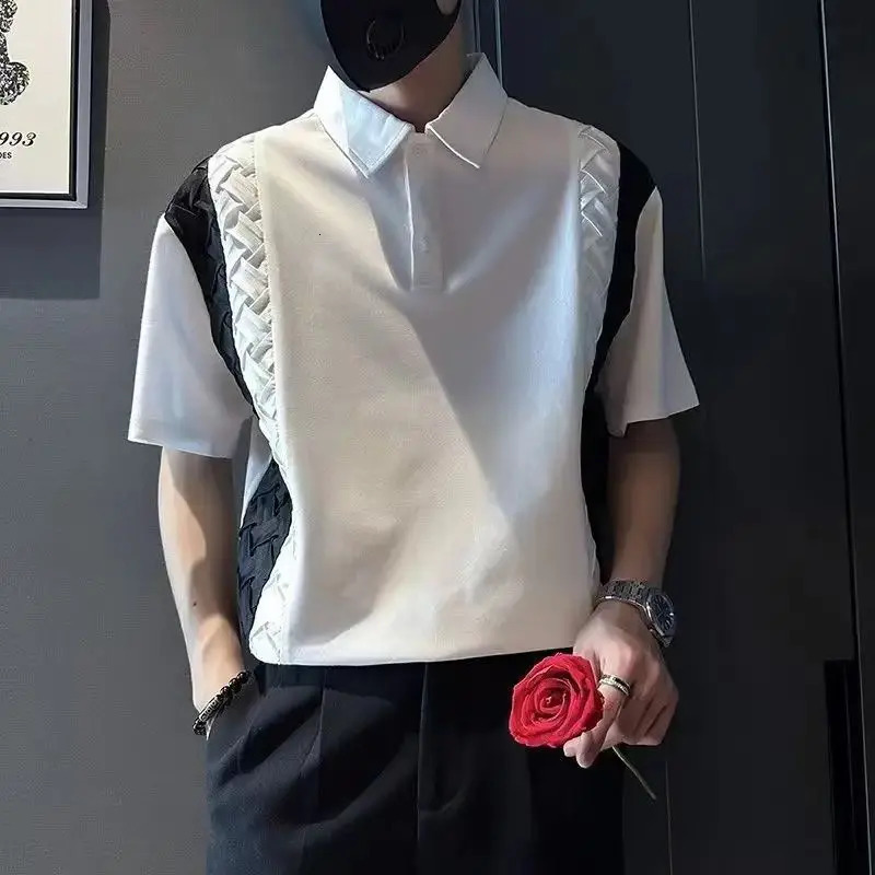 Fashion lapel button splicing casual short sleeved polo shirt for mens 2024 summer loose fitting full matching top Korean Tshirt 240806