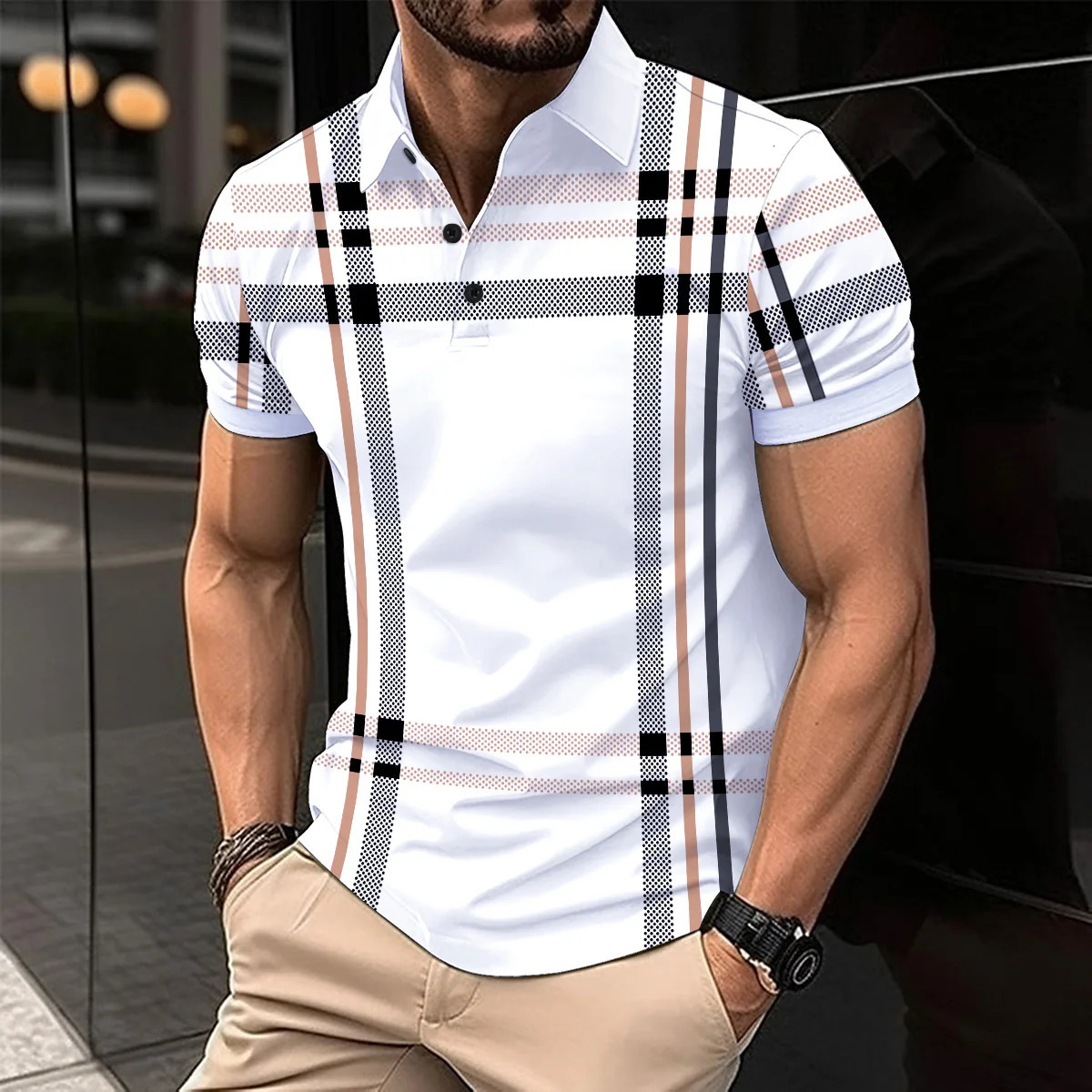 Selling Mens Short Sleeve Polo Shirt Spring Summer Business Casual Breathable Stripes Printed Polo Shirt Mens Clothing 240806