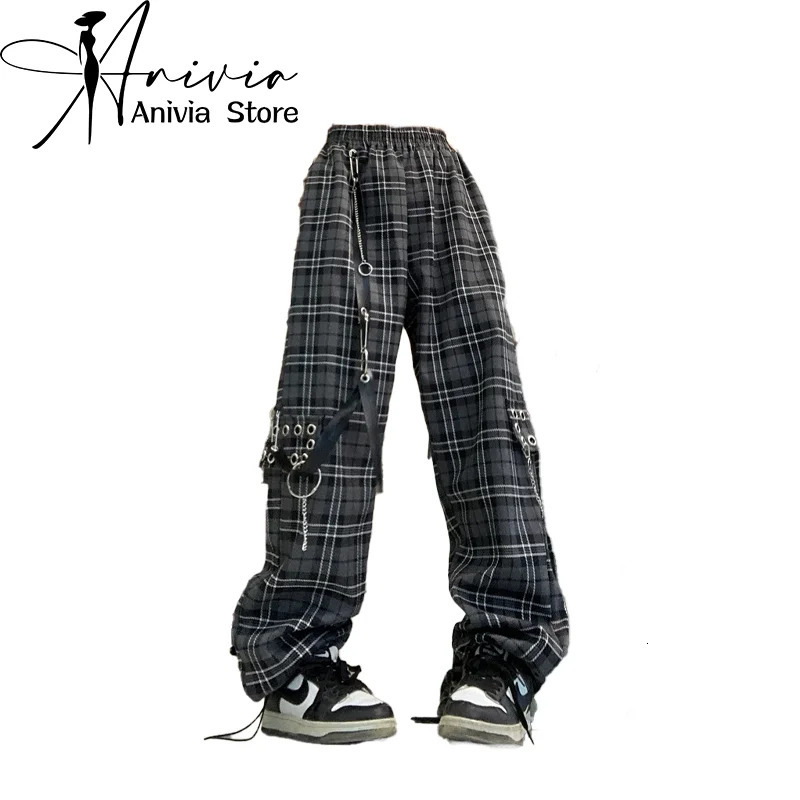 Pantalons de cargaison à carreaux gris gris féminins harajuku pantalon baggy street