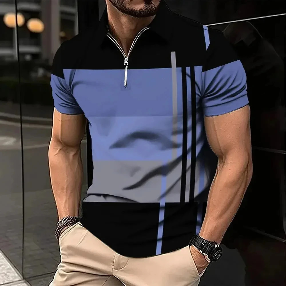 Mens Zipper Polo Shirt 3D Stripe Printed Fashion Clothing Summer Casual Tshirt Short Sleeve Collar Street Top 240806