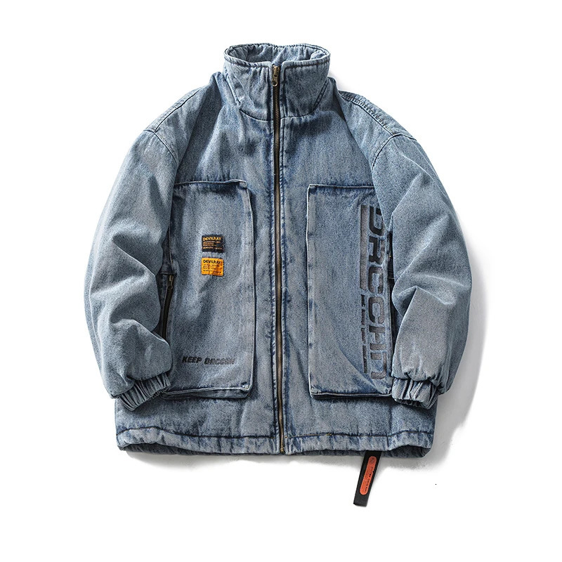 Japanese style standing collar mens letter printing retro denim jacket 2023 autumn winter large pocket zipper loose fit 240806