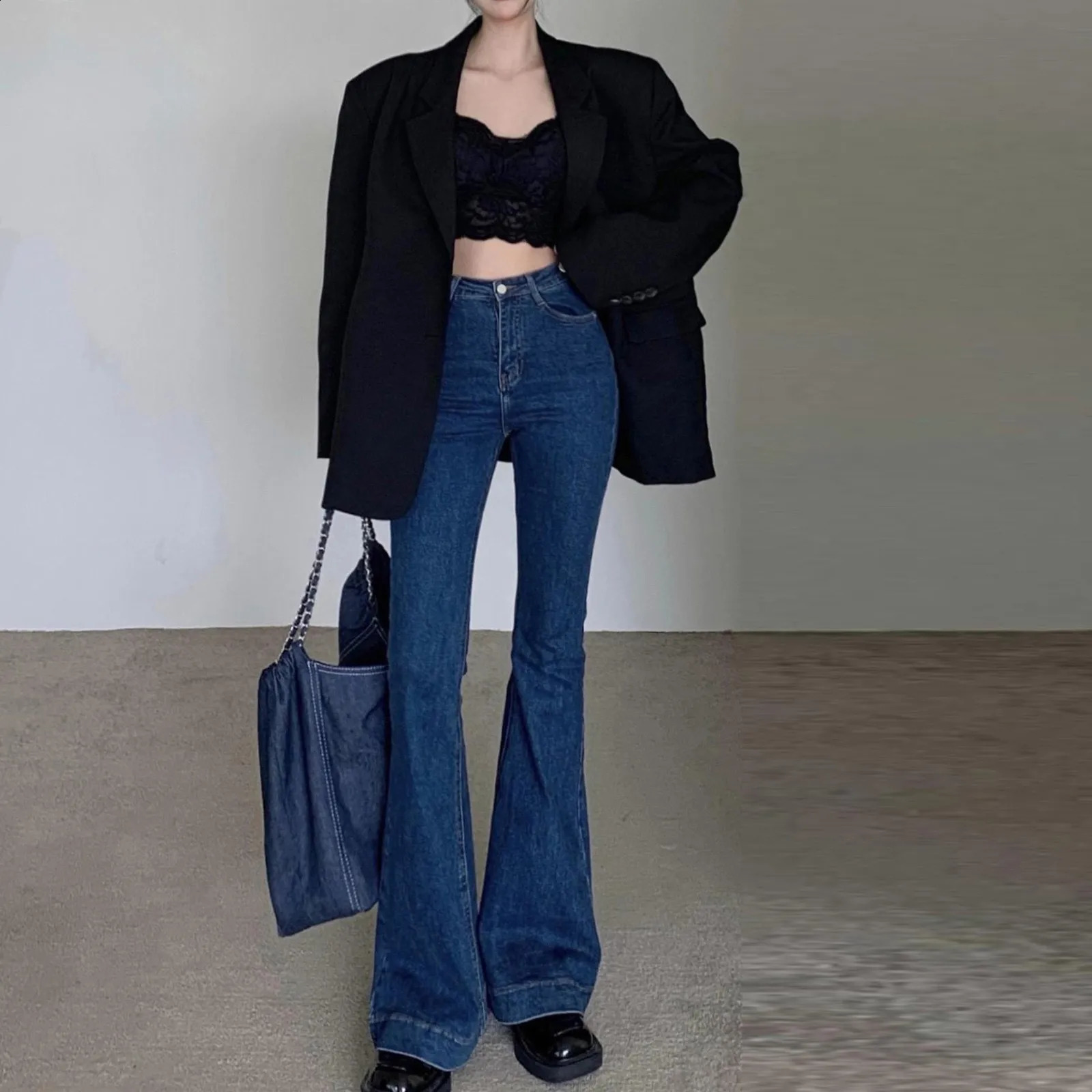 WomenS Vintage Flare Jeans Pants Bell Bottom High Waisted Fitted Slight Destroyed Retro Wide Leg Denim Pants Jean Trousers 240806