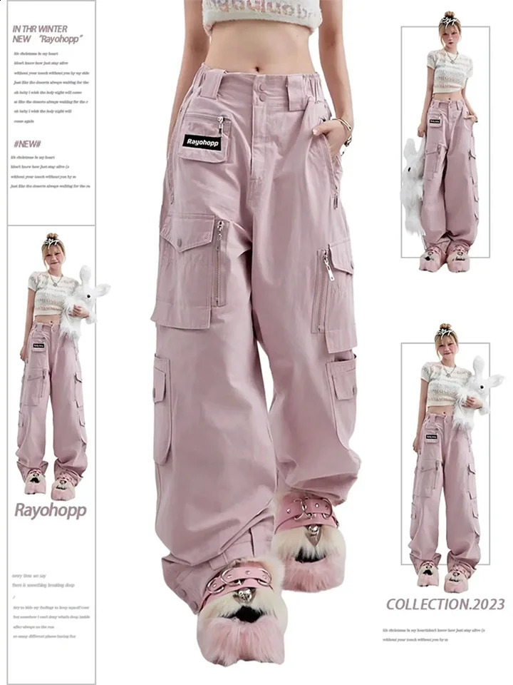 Pantalon de cargaison rose pour femmes vintage harajuku y2k esthétique pantalon parachute en vrac surdimensionné haute taille pantalon baggy 2000