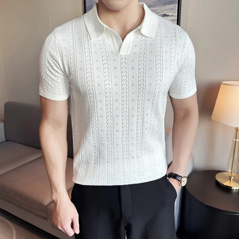 Mens Vneck polo shirt 2024 summer hollow striped jacquard solid color casual short sleeved knitted Tshirt mens clothing 240806