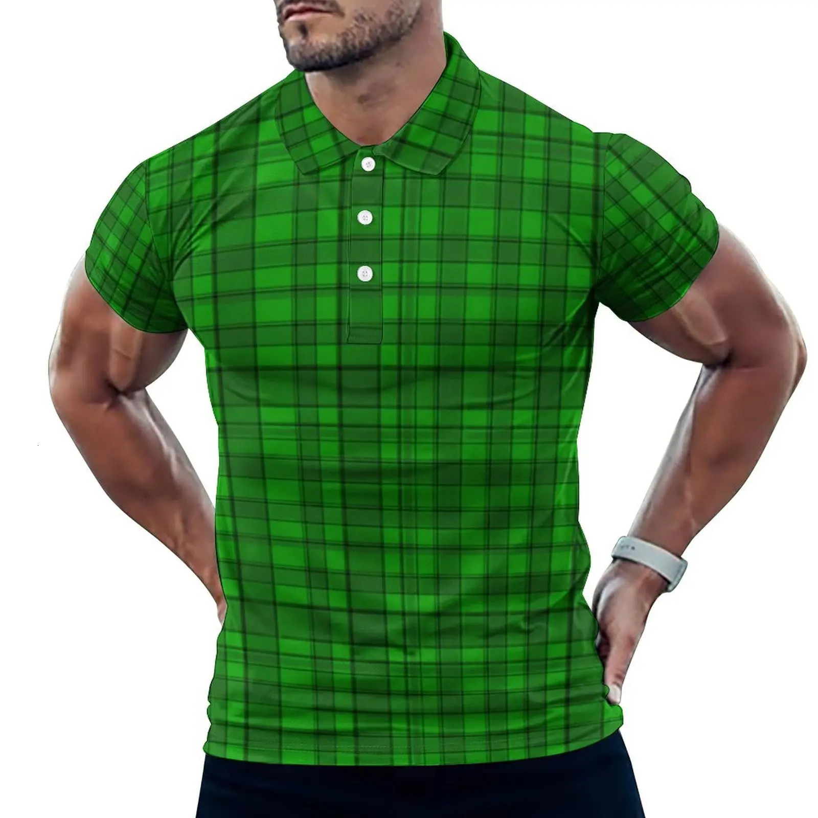 Green black checkered polo shirt mens St Paddy Day casual summer novel round neck Tshirt short sleeved oversized graphic top 240806