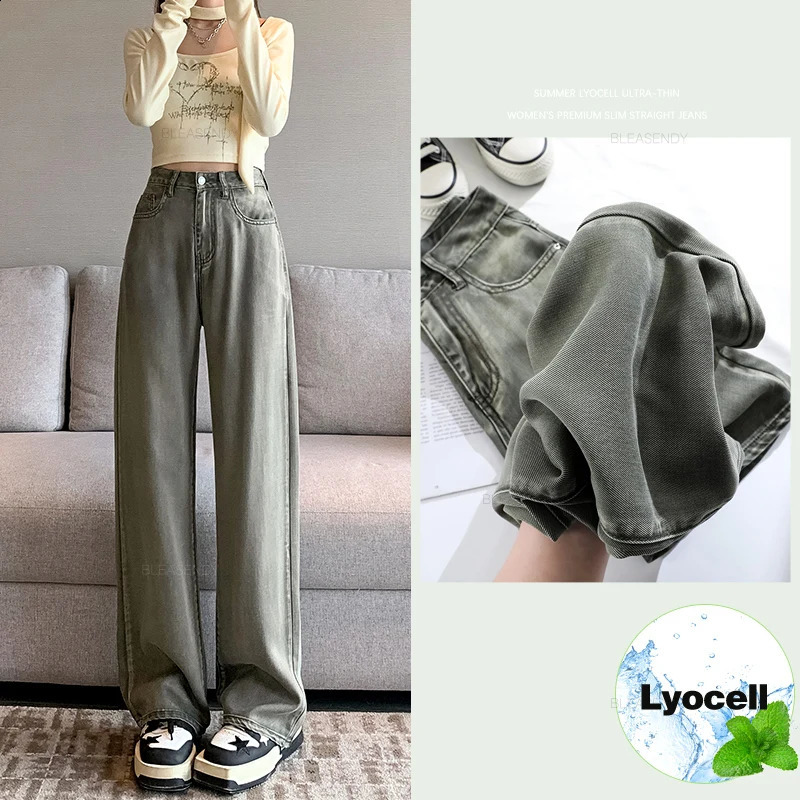 100% Lyocell Fabric Summer Ultra-thin Womens Jeans High Waist Baggy Straight Soft Ice Silk Drape Cool Pants Fashion Female 240806