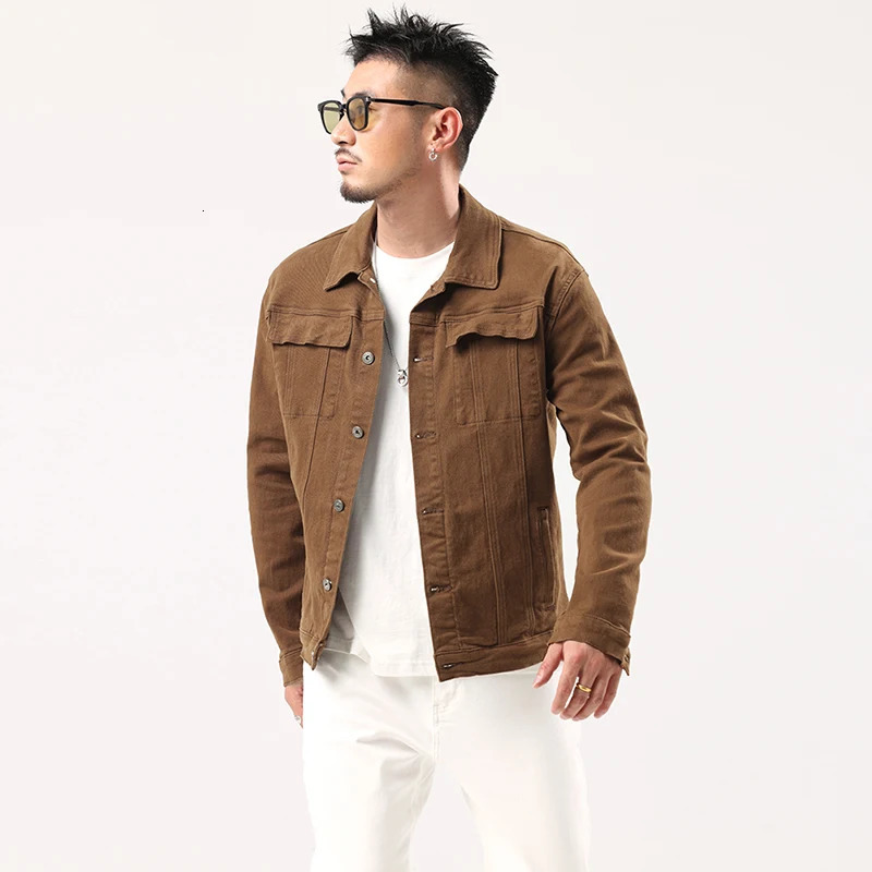 Mens Caramel Denim Jacket 2023 Spring and Autumn Fashionable Classic Street Slim 240806
