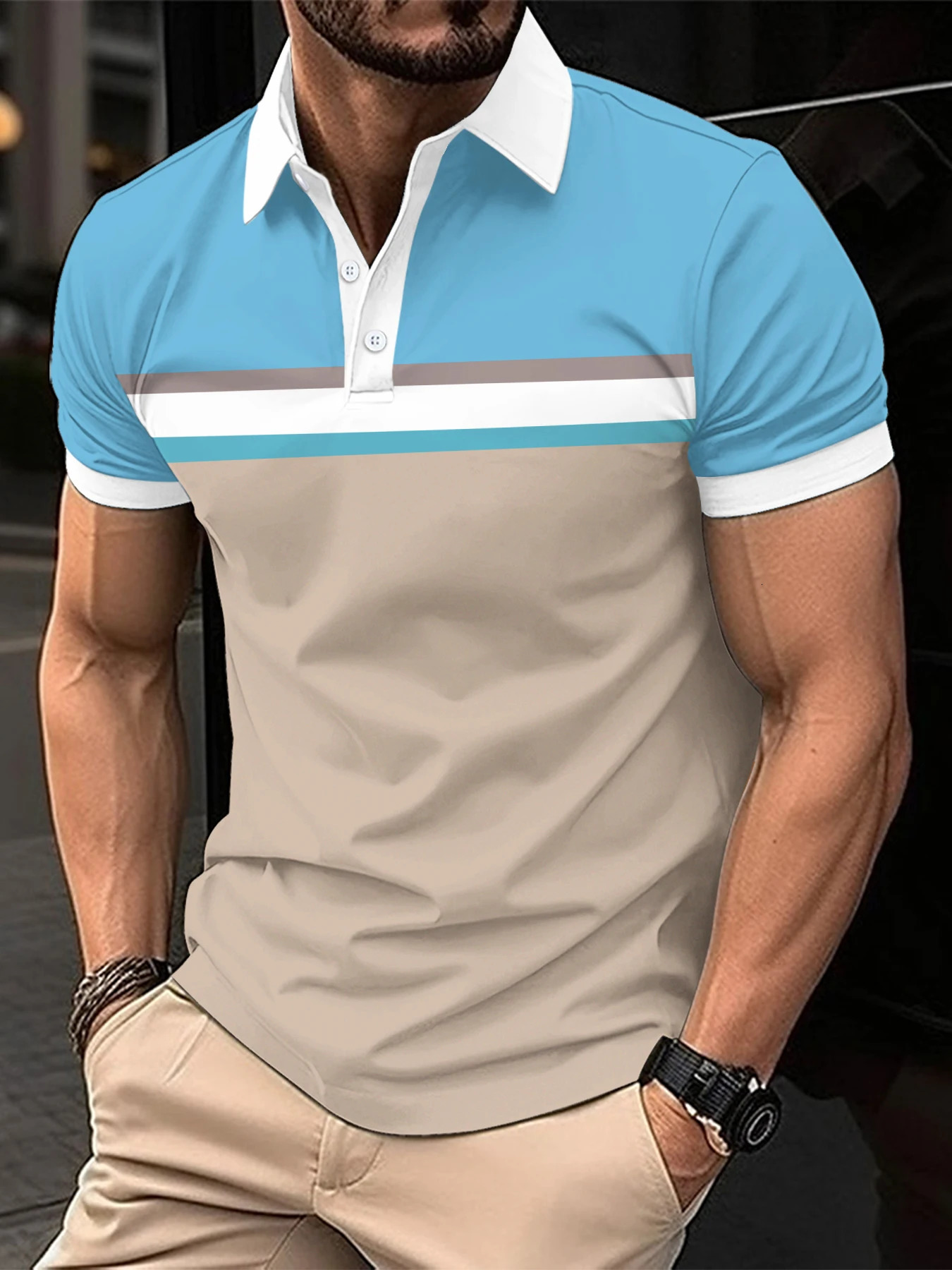 Mens Summer Striped polo Shirt Short Sleeved Lapel Button up TShirt Casual street Fashion Breathable Top 240816