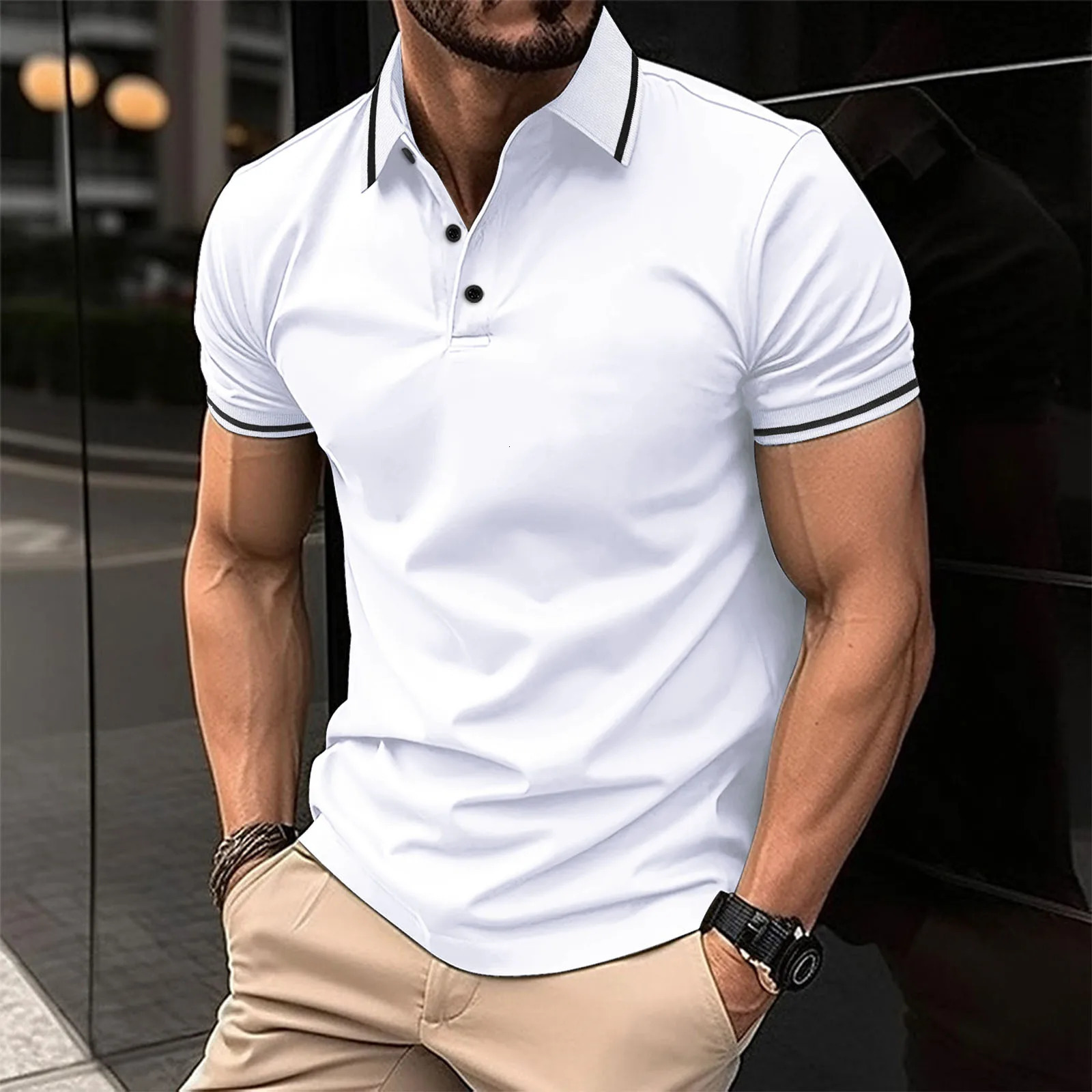 Summer Mens Casual Shortsleeved Polo Shirt Fashion Plaid Lapel Tshirt Breathable Button Clothing 240810