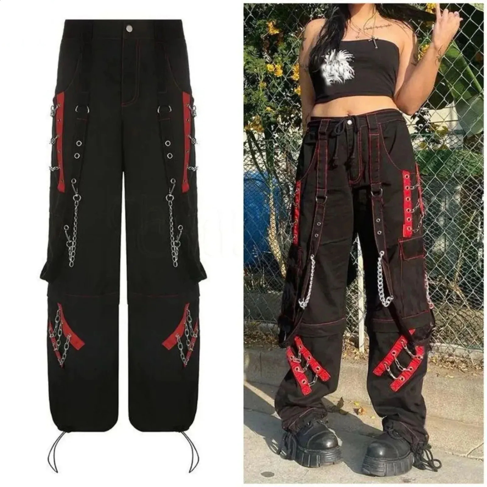 Retro Style Dark Thrainbing Chain de cargaison de cartes droites Femme Contraste Splicing Pantalon Lignet Pantalon Hip Hop Streetwear 240806