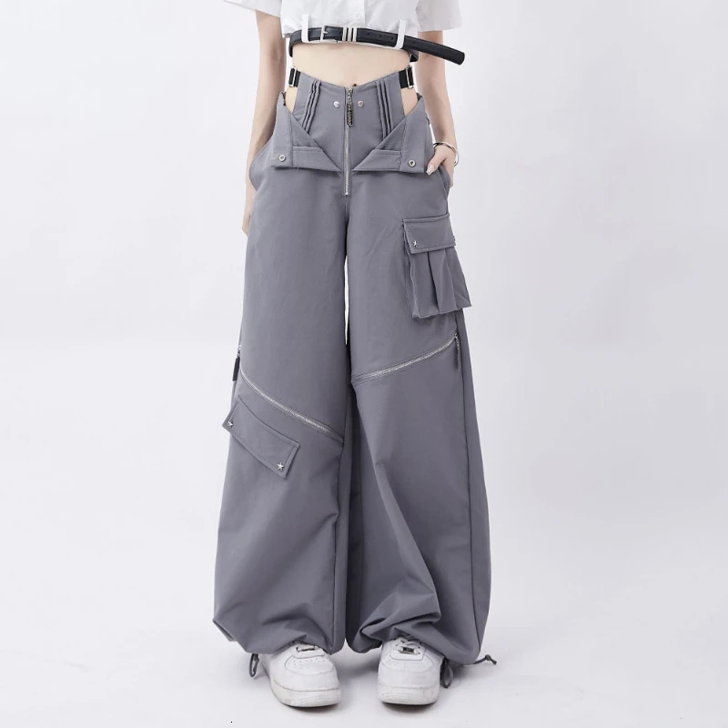 Pantalon de cargaison gris féminin d'été décontracté d'origine rétro multi-zip poche deux usping-cordage pantalon surdimensionné décontracté femm
