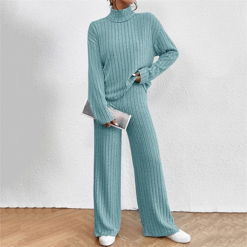 autumn and winter womens high neck knitted two-piece casual solid color floral top loose wide leg floral pants set240805