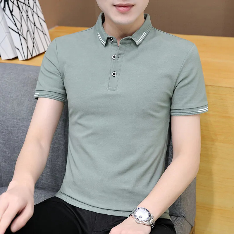 Business casual solid color polo shirt mens lapel button 2024 summer short sleeved fashionable patchwork Tshirt 240806