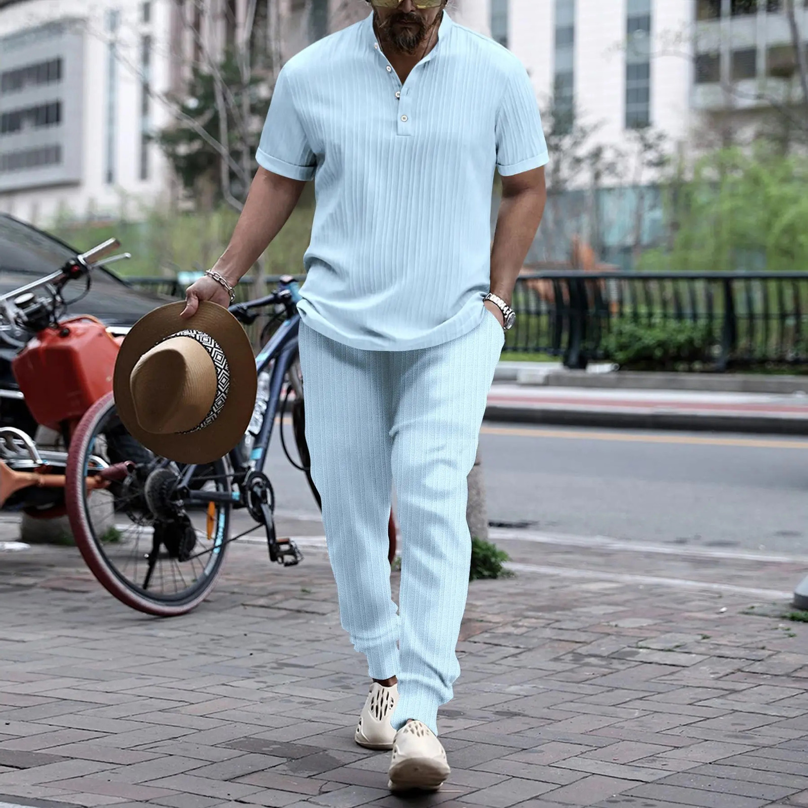 spring summer and fall explosive mens striped shirt set Fashion casual short sleeve pants trend beach pullover set 240806