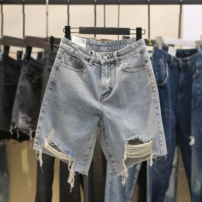 Summer denim womens jeans shorts high waisted Korean style fashionable loose solid casual 240805