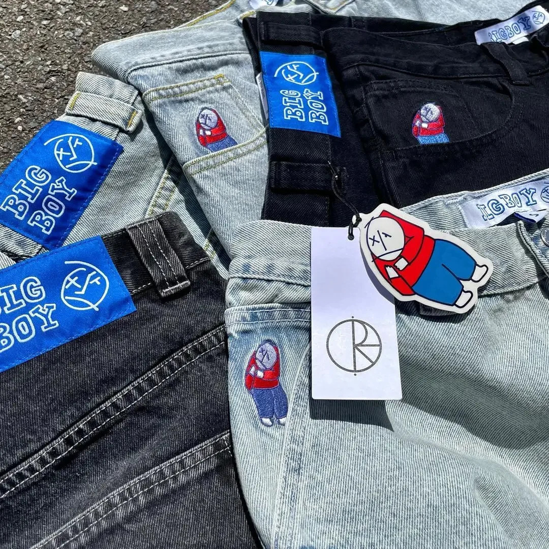 Harajuku Hip Hop Big Boy Jeans Cartoon Pattern Embroidered Pocket Denim Pants Mens and Womens High Waist Wide Trouser Street Clothing 240806