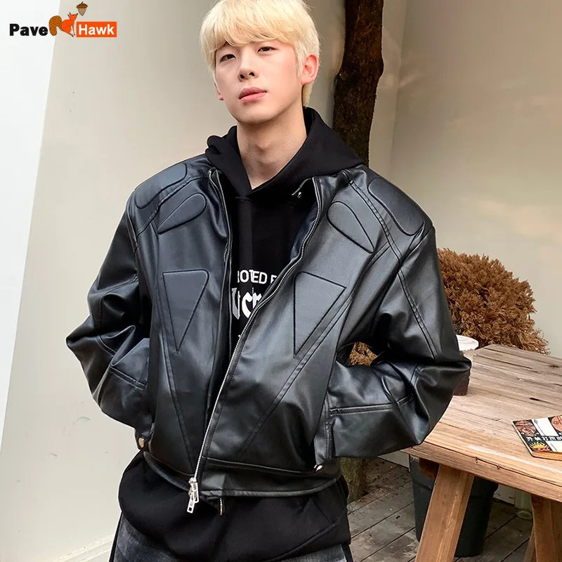 Motorcycle leather jacket mens cut Korean fashion shoulder pad PU bomber jacket mens street hip-hop racing retro jacket 240806