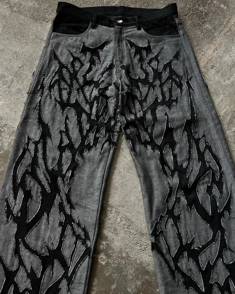 European and American fashion high waisted mens thick edged washed jeans loose straight wide leg pants 240806