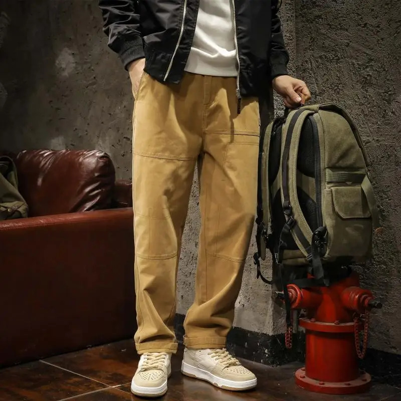 SpringSummer Solid Color Cotton Elastic Waist Cargo Pants for Mens High Street Casual Pocket Fashion Full Match Loose Style 240806