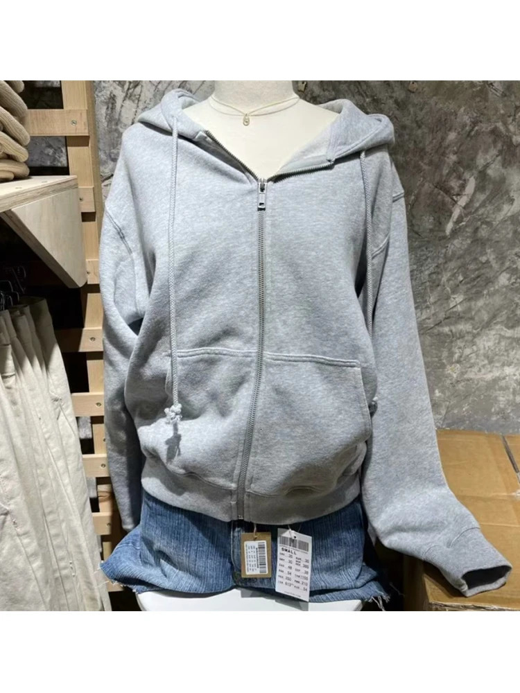 Casual womens gray zipper loose sports shirt autumn retro hooded long sleeved solid color sports shirt womens fashionable jacket240806
