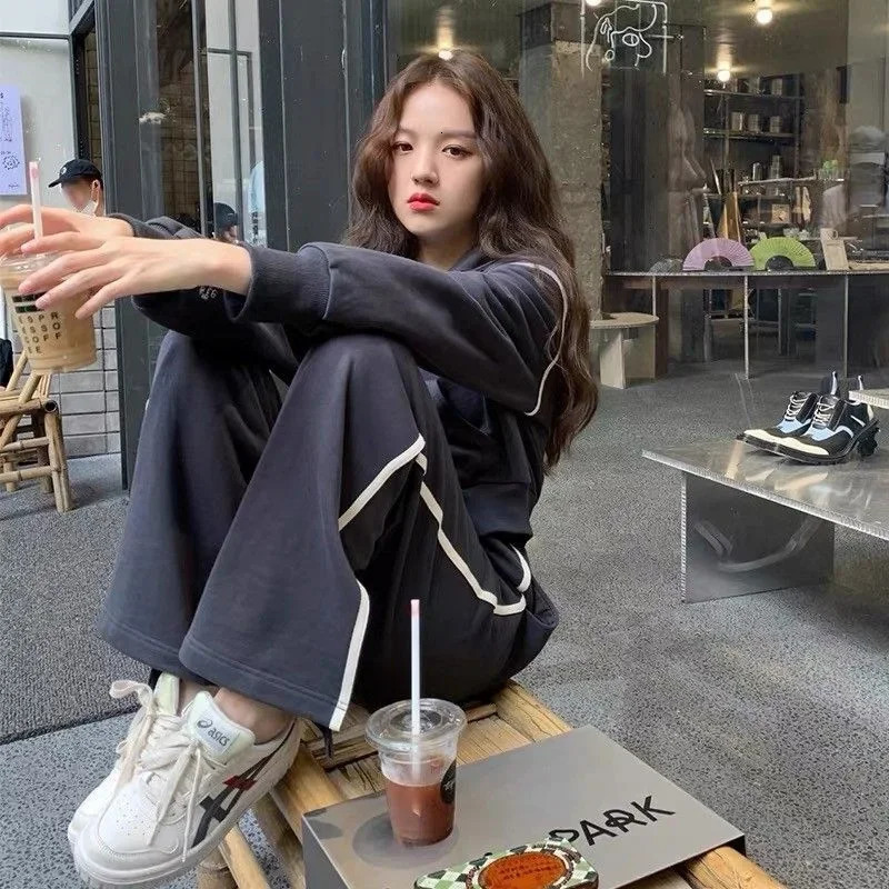 Womens Tracksuit Zip-up Sweatshirt Sports Suit Loose-fit Fashionable Casual 2-piece Set Korean Style Spring Autumn Clothing 240806