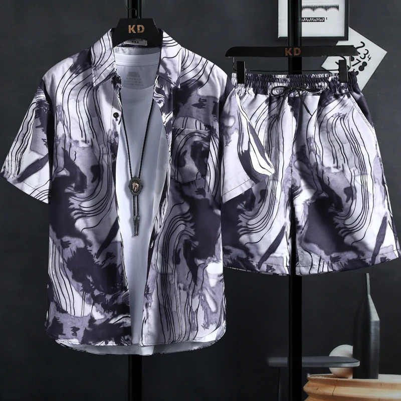 M3XL Mens Printed Shirt Set High Quality Fashionable Shorts Hawaiian Style Casual Lace Top INS and Womens 240806