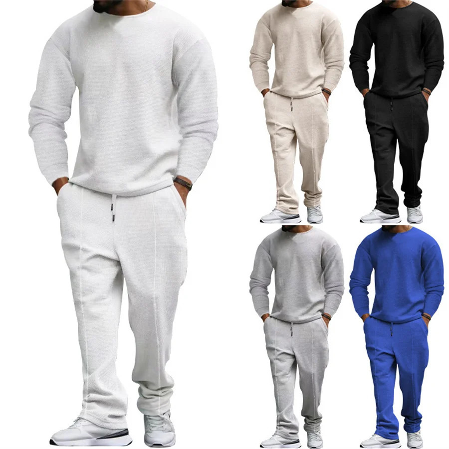Solid color two-piece mens O-neck long sleeved T-shirt and pants set mens spring and autumn casual sports set240806
