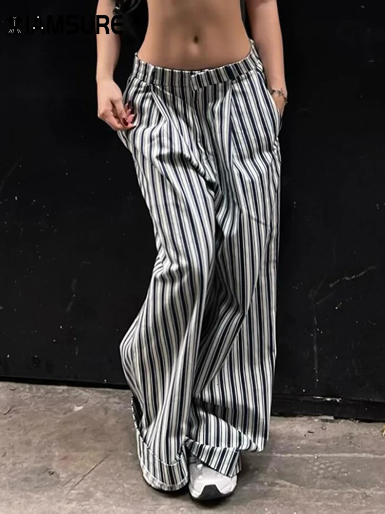 Iamsure Pantalon à jambe large à rayures décontractée lâche Pantalon de cargaison de base de base Femme au printemps Automne Fashion Ladies Stree