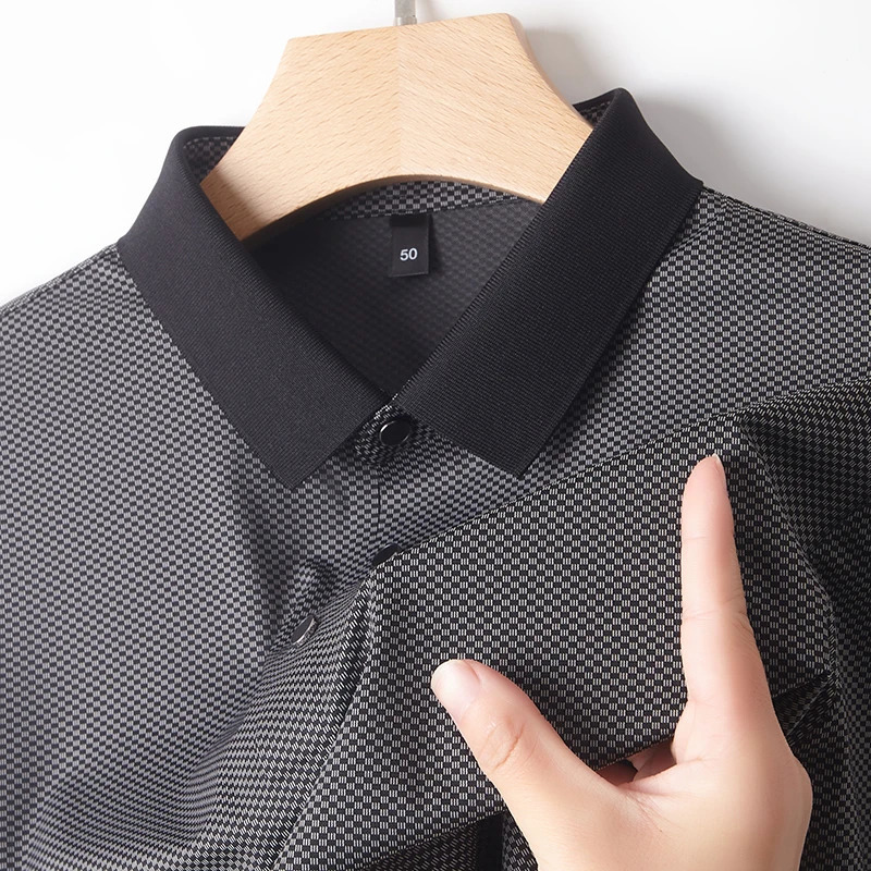 Mens elegant classic polo shirt dark checkered short sleeved Tshirt casual lapel business thin mens golf 240806
