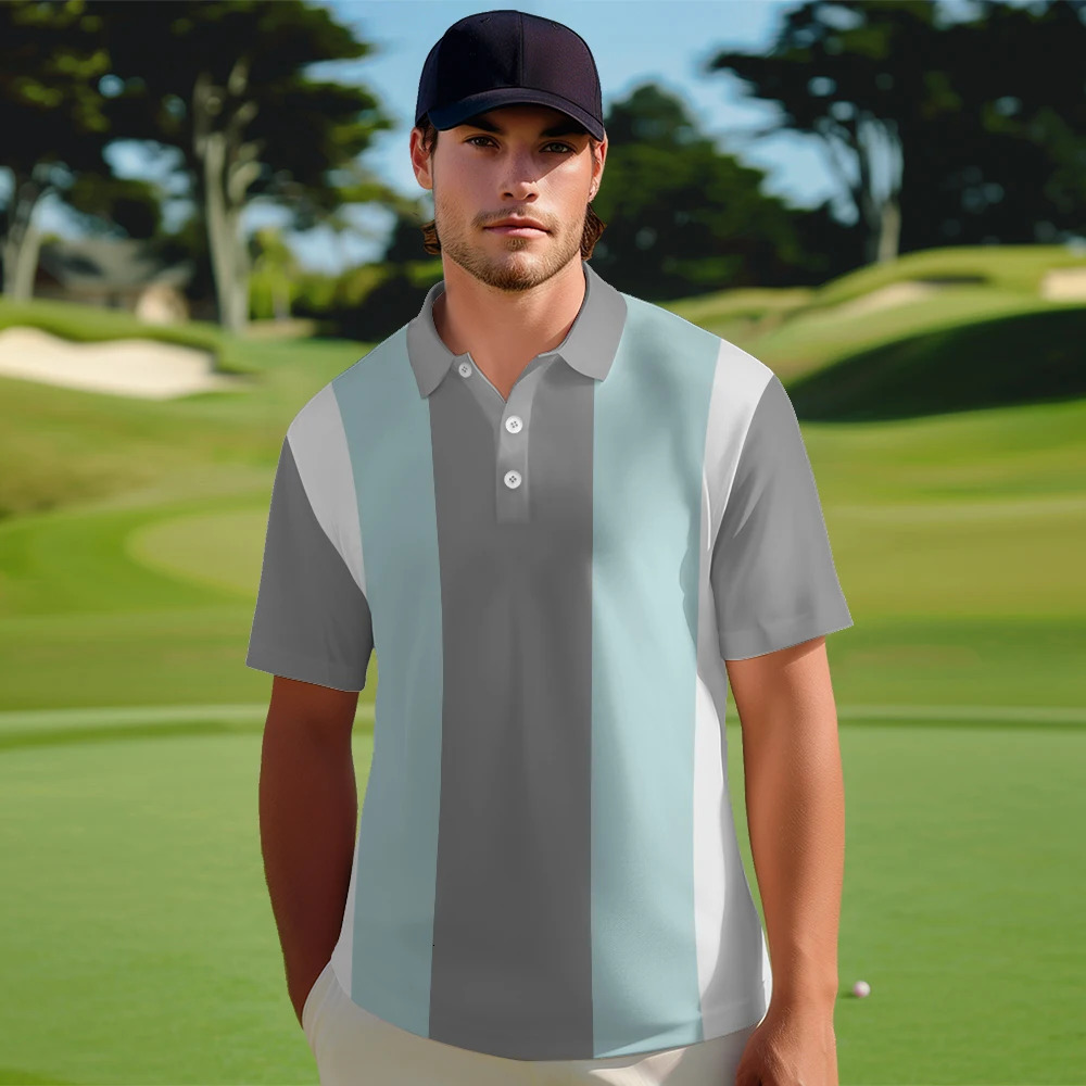 Polo Golf TSH irt Mens Lightweight Short Sleeve Button Work Clothes Black Grey Striped Quick Drying Tshirt 240806