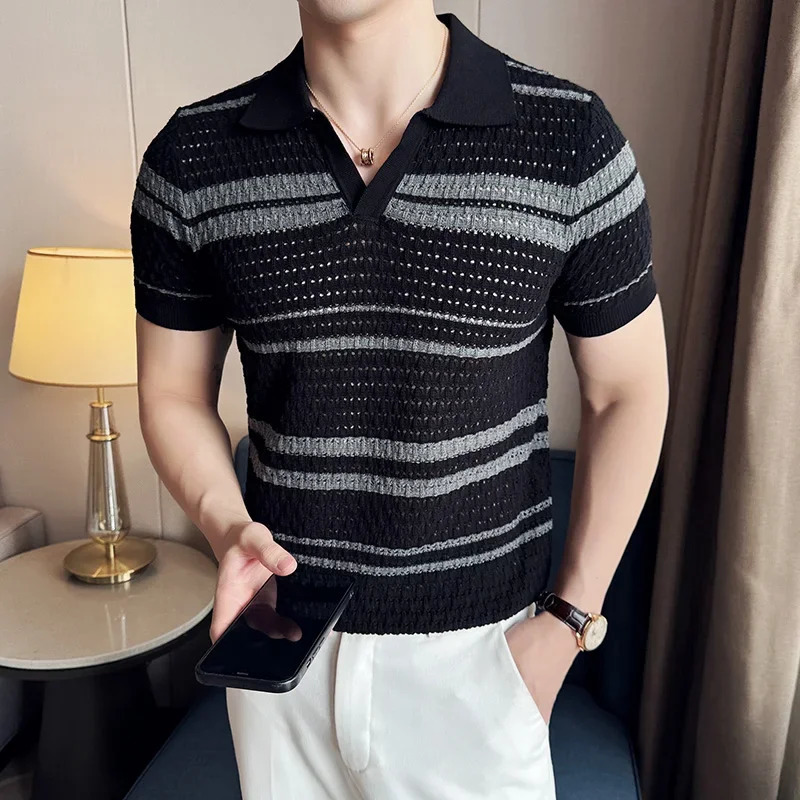 Mens polo shirt summer thin knitted striped jacquard splicing colorful short sleeved casual Vneck Tshirt mens clothing 240806