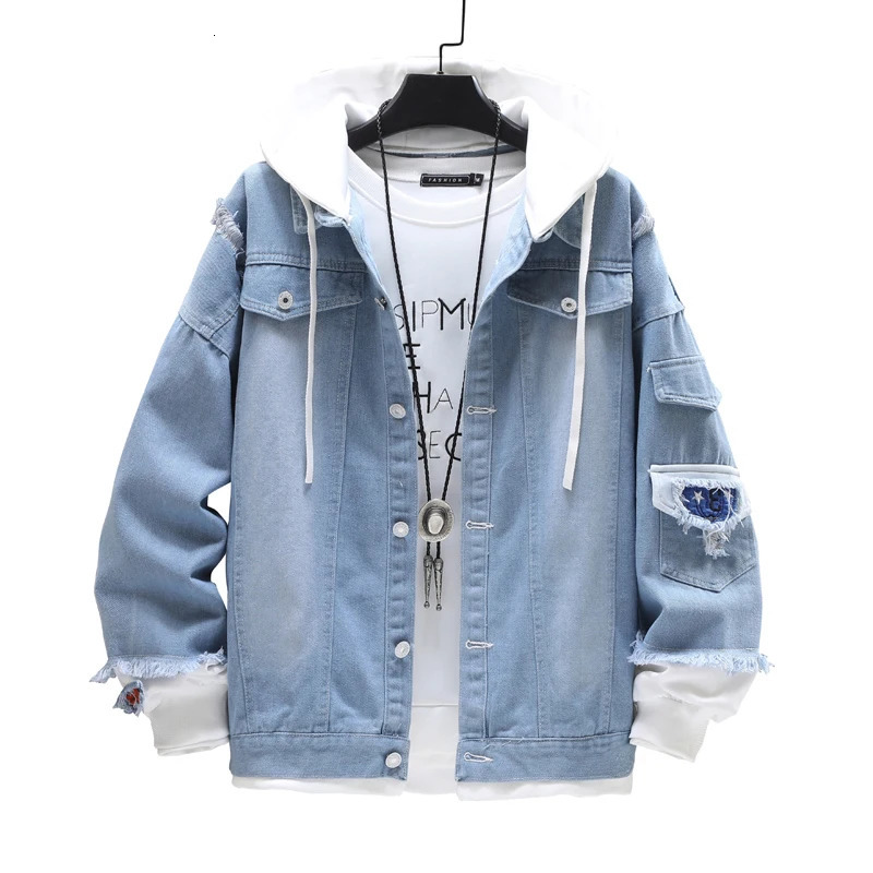 Mens denim jacket streetwear hiphop mens hoodie jeans casual loose 2023 spring fashion slim fit 240806