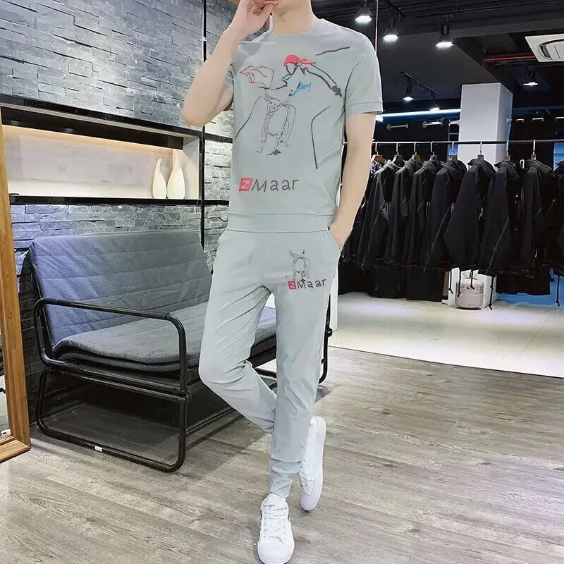 T-shirt mâle vêtements gris pour hommes pantalons imprimés ensembles de sports graphiques costumes de sport