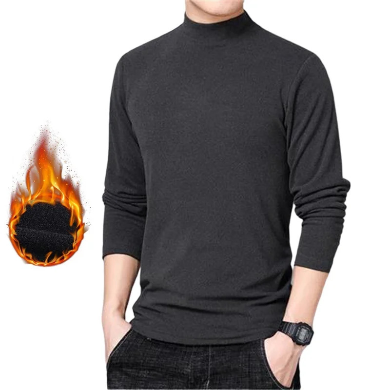 Winter T Shirt For Men Long Sleeve Tshirts Thermal Underwear Solid Color With Thin Fleece Undershirt Men Clothing 240806