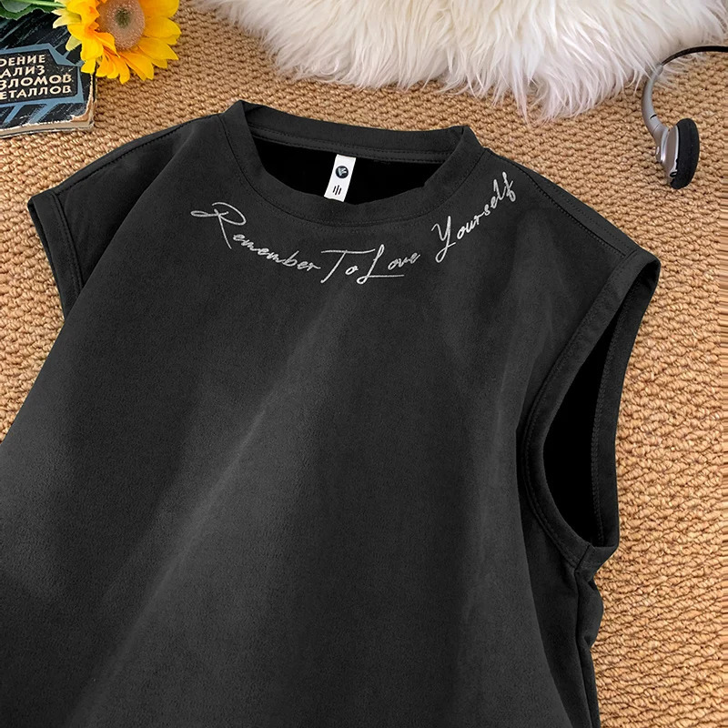 Mens suede vest fashionable summer round neck printed sleeveless T-shirt hip-hop loose street clothing mens vest240806