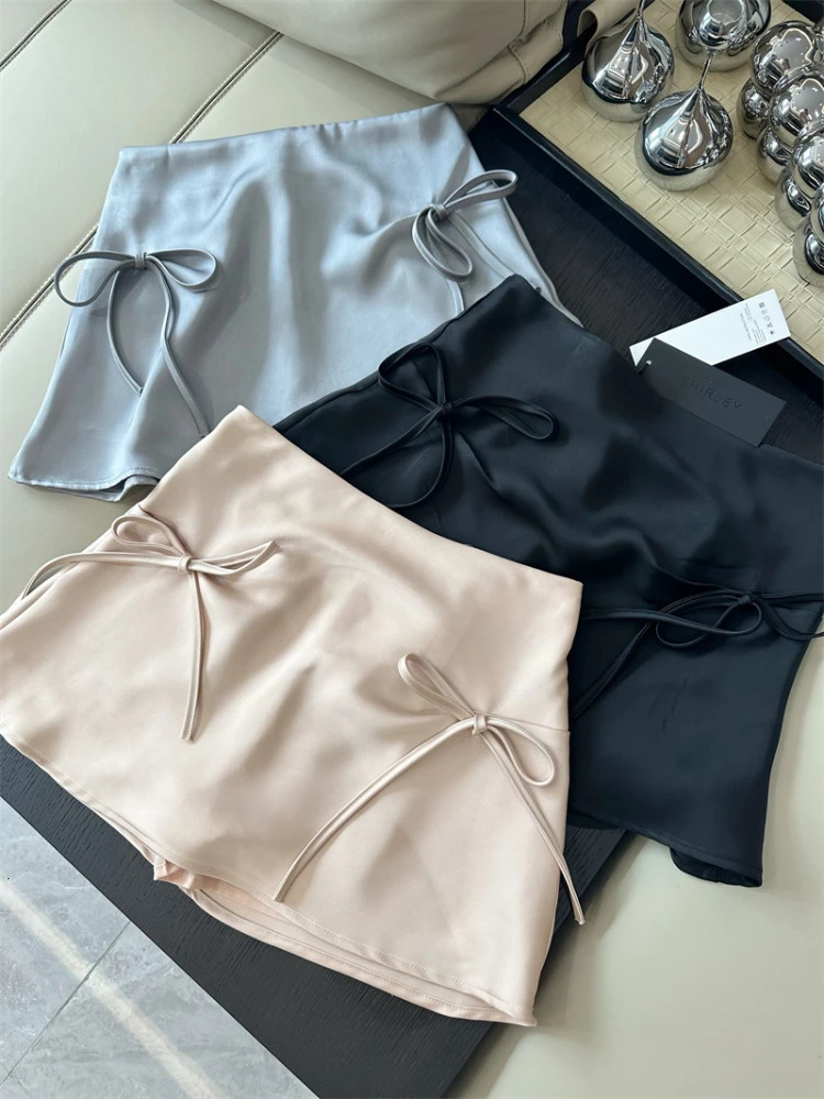Bow lacet-up satin y2k mini jupes femme rose style coréen jupes en ligne d'été