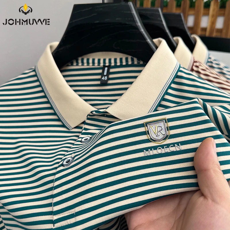 2024 mens striped cotton business casual short sleeved polo shirt fashionable comfortable and breathable top 240806