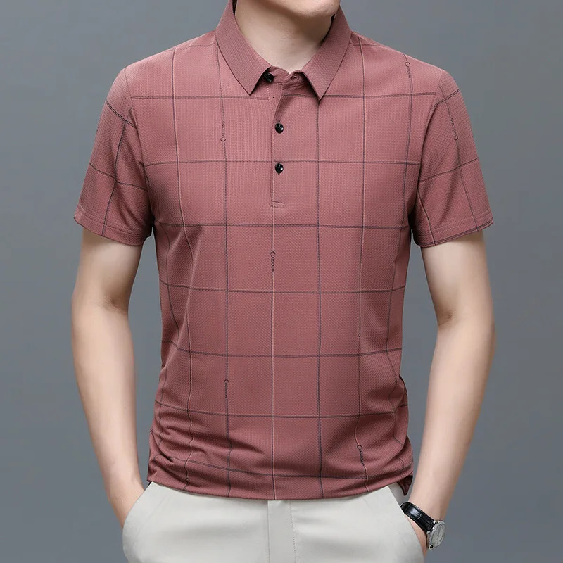 Womens casual polo short sleeved lapel Tshirt mens 2023 summer business fashion striped solid color button loose top 240806