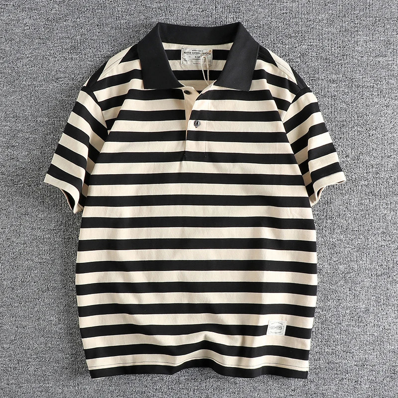 Summer American Retro 230g Short Sleeve Laepl Sailor Striped Polo Shirt Mens Fashion 100 Cotton Washable Heavy duty Tshirt 240806