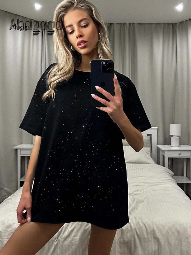 Ahagaga Fix Diamonds T Shirts Women Fashion Sexy Solid Regular Casual Streetwear O-neck Loose Short Sleeve Tops Tees Female 240806